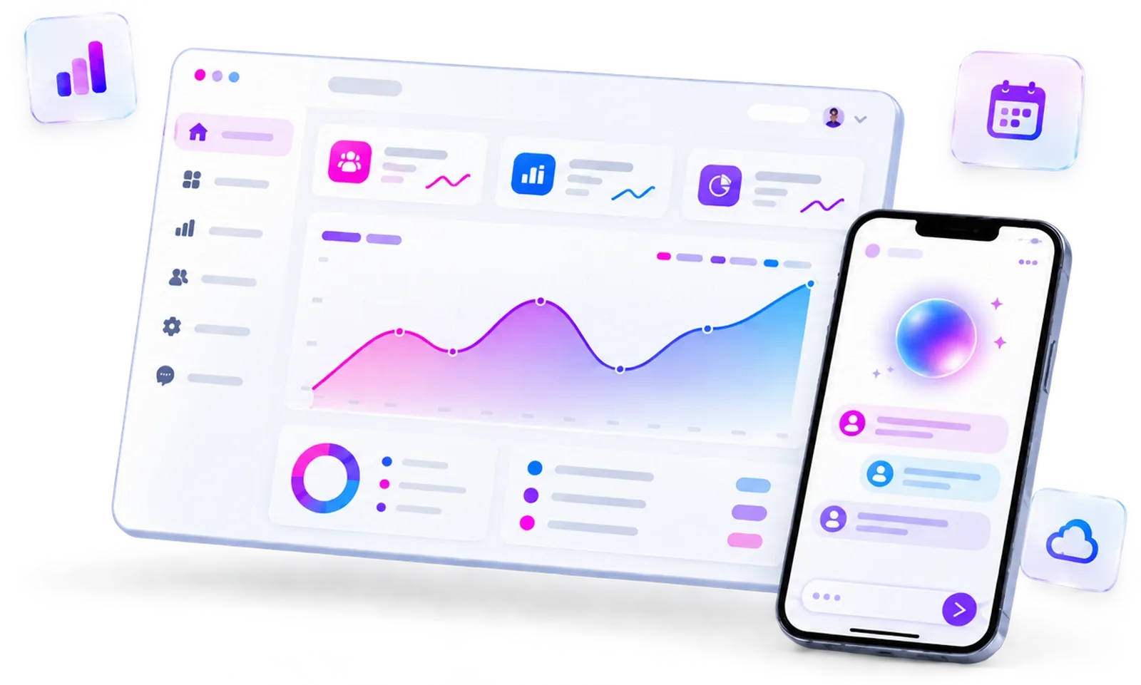 Product dashboard on a laptop and phone with analytics, documents, calendar and cloud tiles